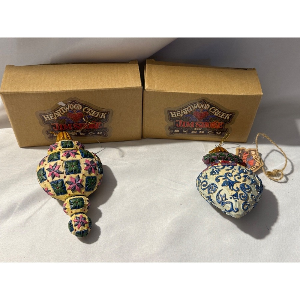 Jim Shore Heartwood Creek Ornament Lot of 2 Blue Swirl & Green Leaf 2004 Boxed